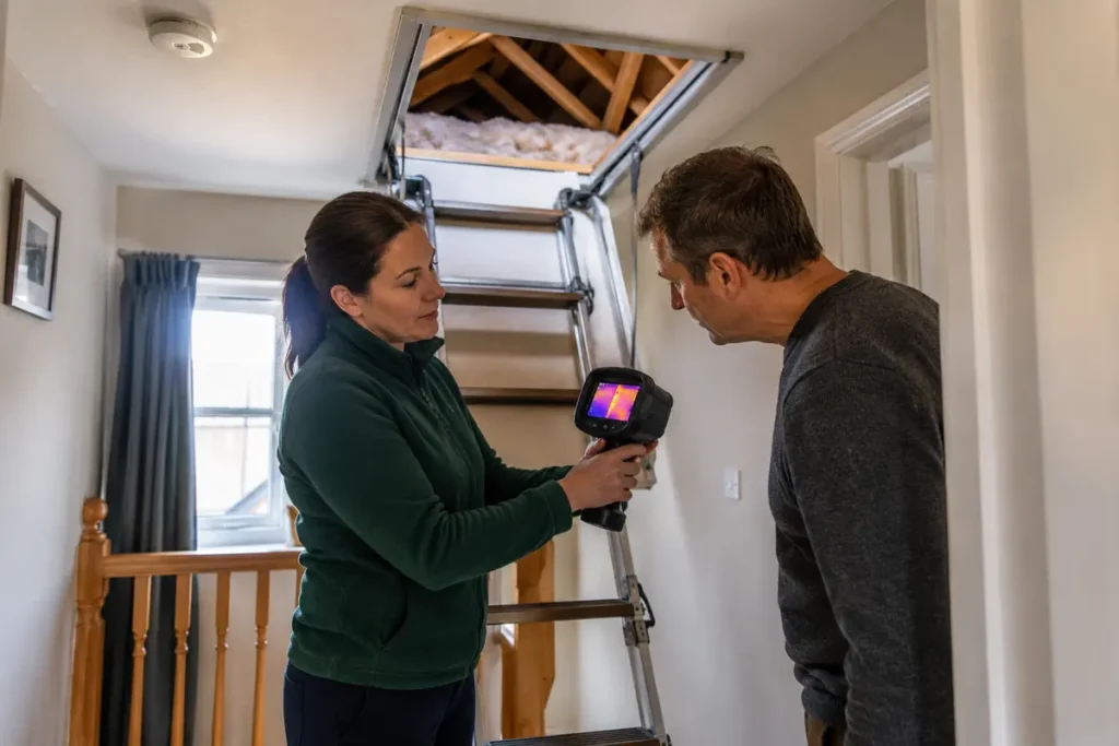 Home-energy assessor checking heat loss around an attic hatch during an Irish property assessment