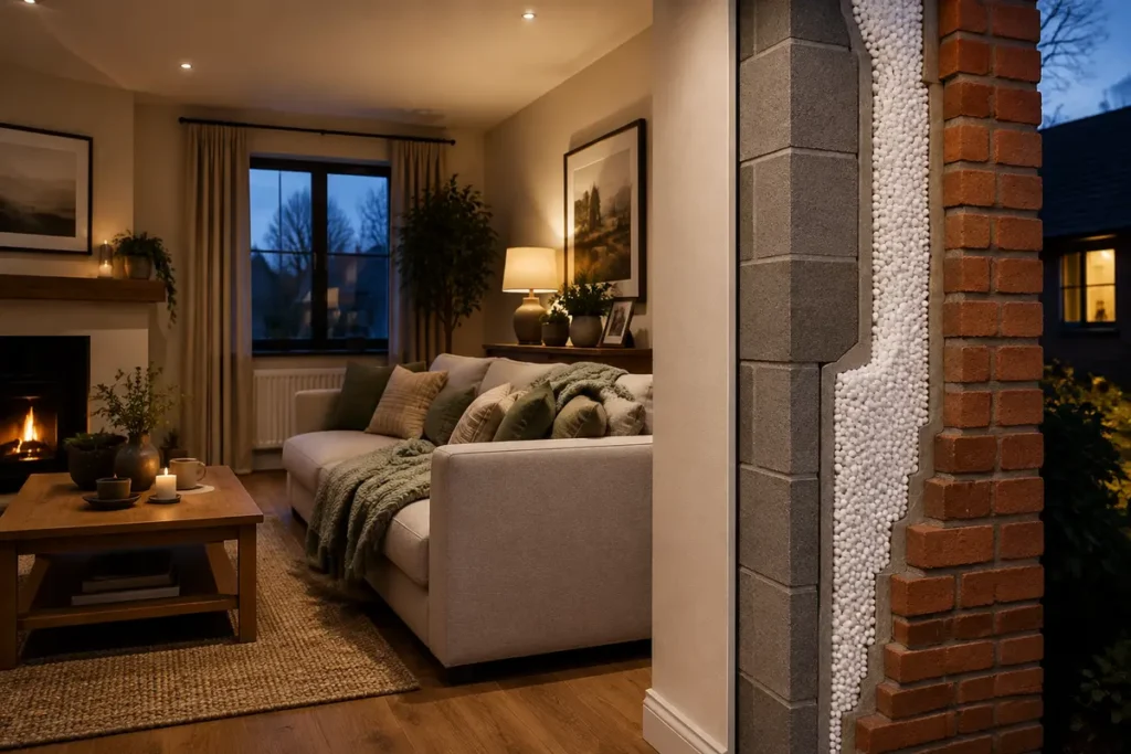 Warm Irish living room with a cutaway showing insulation beads filling the cavity wall