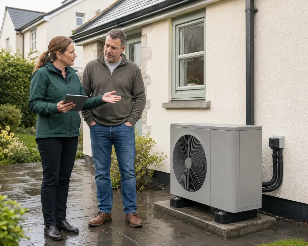 Homeowner discussing a modern air-source heat-pump installation with an energy adviser in Ireland.