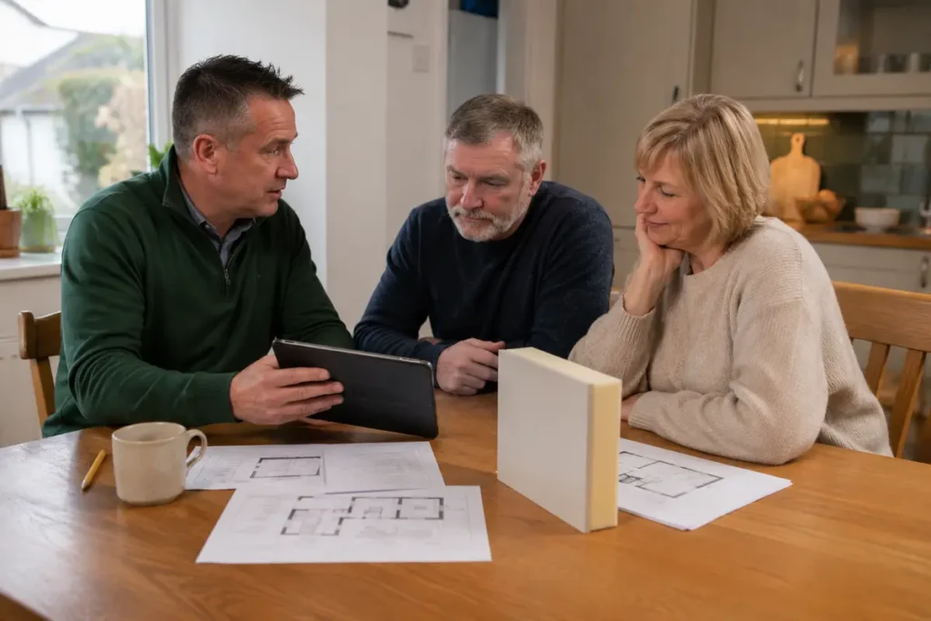 rish homeowners discussing an internal-insulation upgrade and grant-supported plan with a home-energy specialist