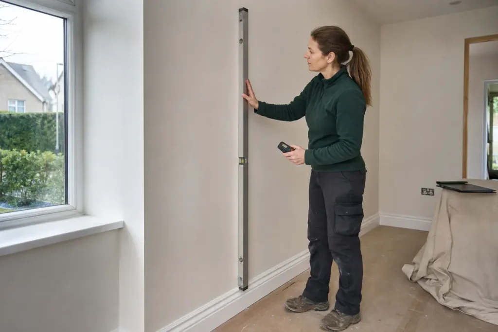 EcoTech specialist inspecting a newly insulated internal wall in an Irish home
