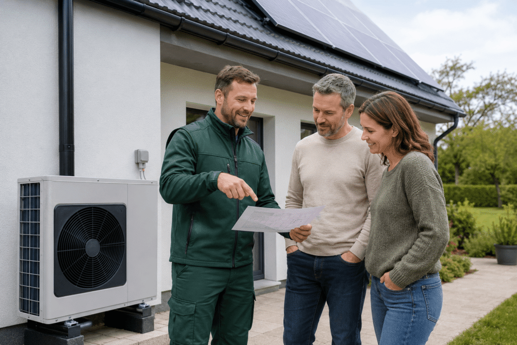 EcoTech energy specialist discussing a heat pump and solar panel installation with homeowners in Ireland