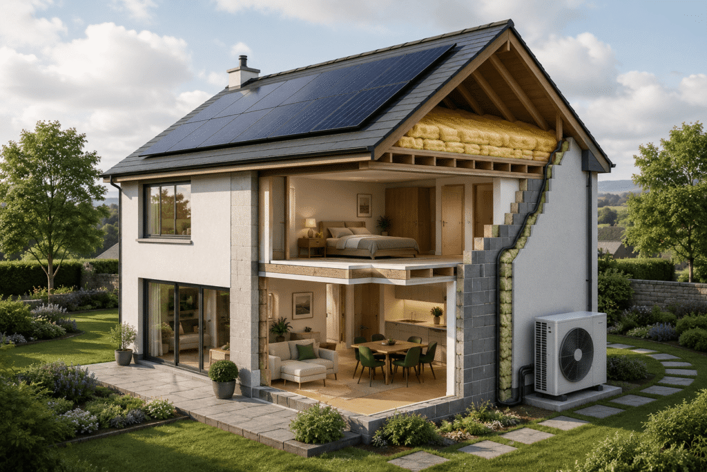 Energy-efficient Irish home with solar panels, attic and cavity-wall insulation, and an air-source heat pump.